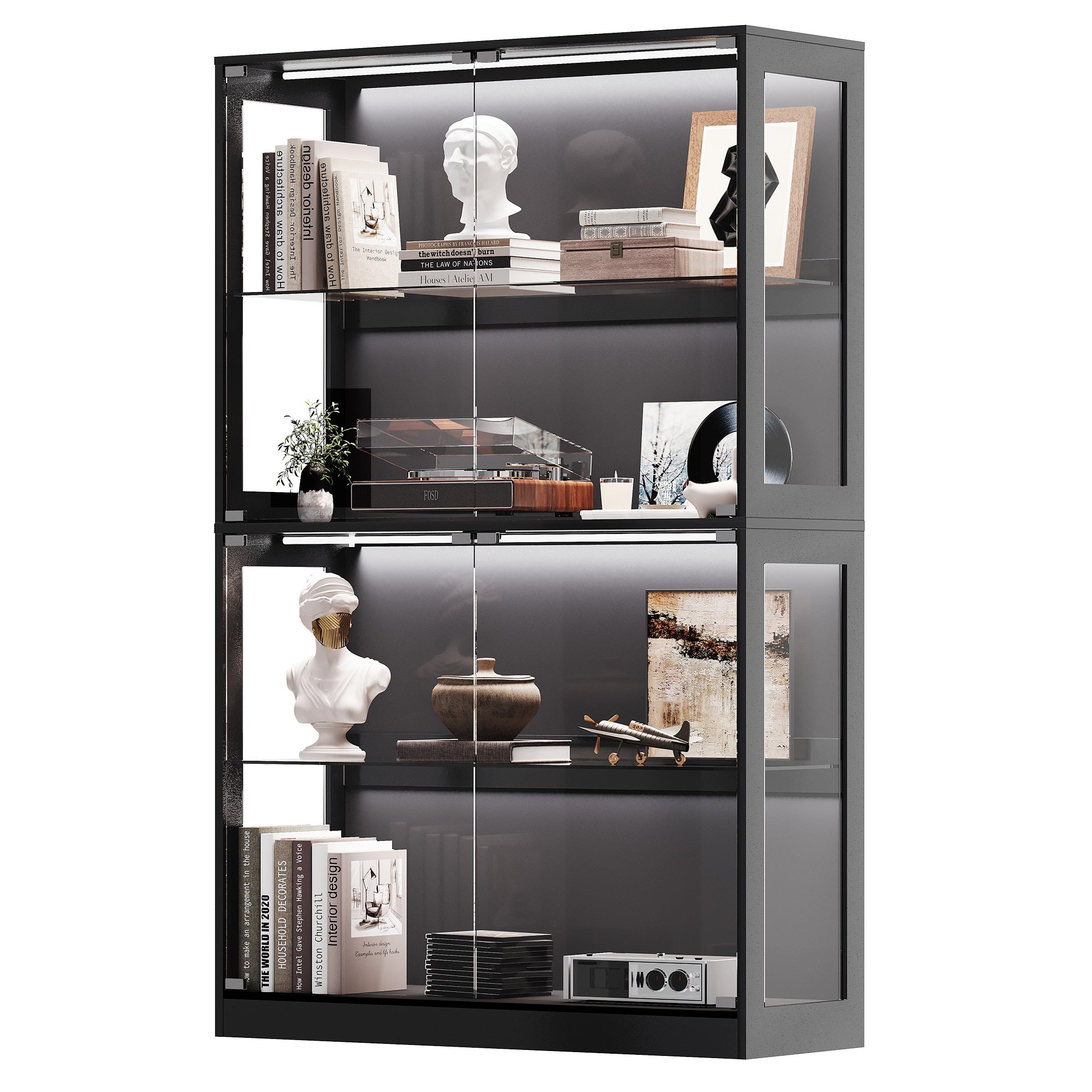 AMERLIFE 45-Inch RGB Display Cabinet, 70-inch black floor-standing tower with four tiers of adjustable glass shelves behind glass doors