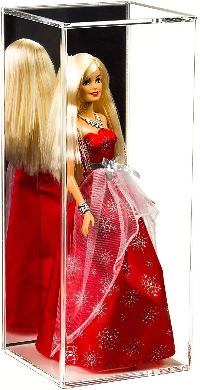 Better Display Cases A017-MB acrylic figurine display case with a removable mirrored back panel, shown with a 12-inch doll inside and the mirror doubling the view