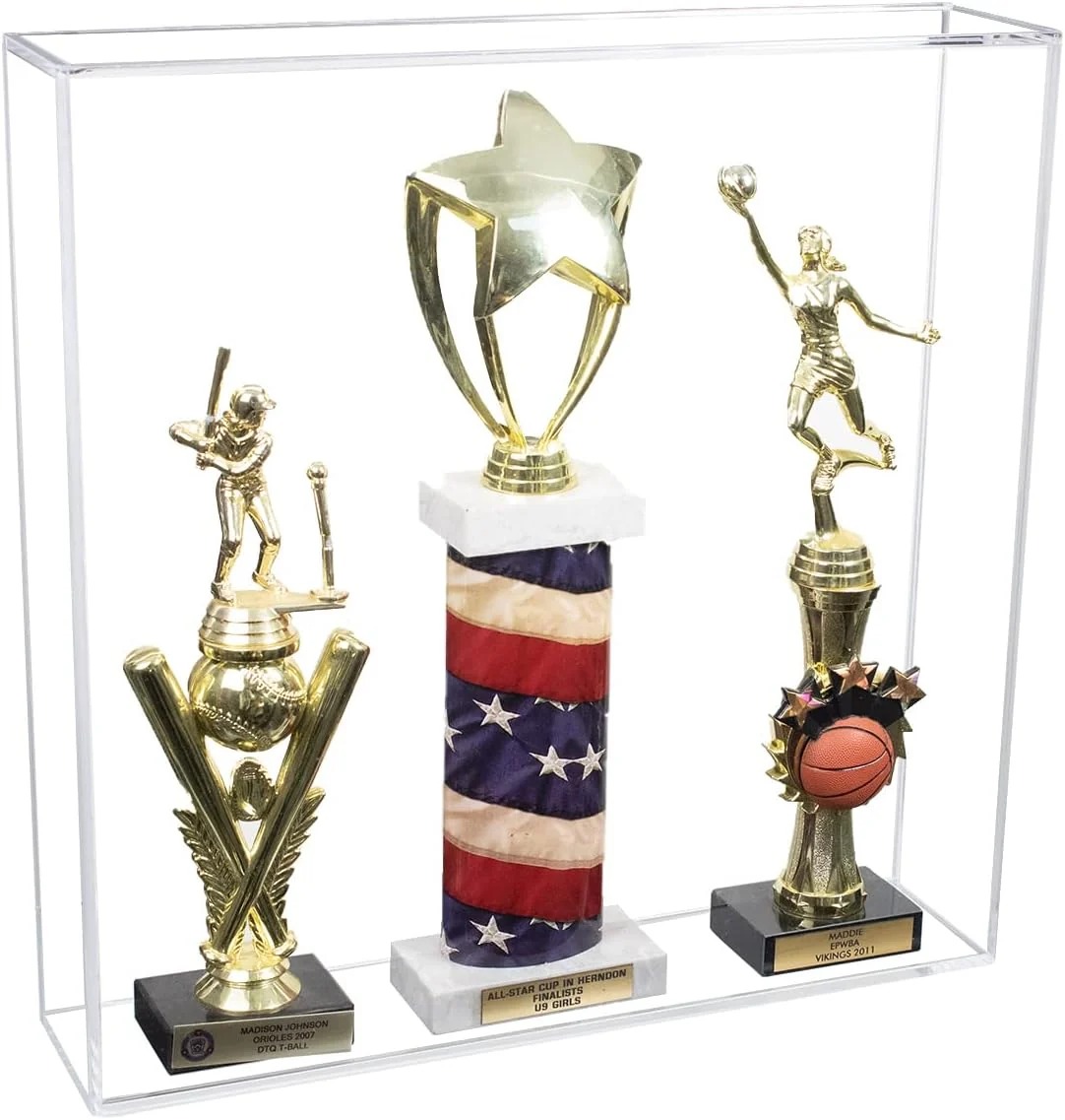 Better Display Cases SP33 clear acrylic display case, 15.5 inches square and 3.5 inches deep with a removable clear back and wall mounts, holding three trophies