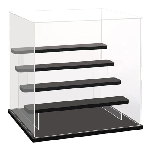 Choowin 5 Tier acrylic display case, a clear enclosed box with four black stepped shelves above a black wood-plastic base