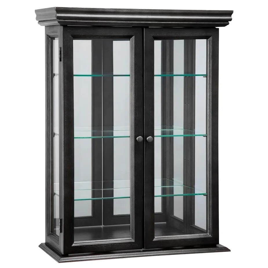 Design Toscano Country Tuscan hardwood wall curio cabinet in ebony black, two glass doors over three glass shelves with a mirrored back