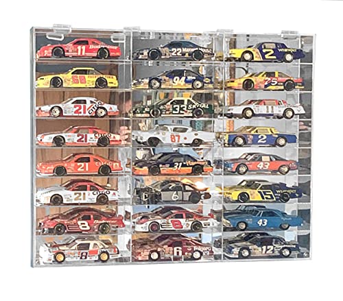 DisplayGifts 24-compartment 1:24 wall cabinet, a clear acrylic case with 24 slots in three columns holding 1:24 NASCAR stock car models
