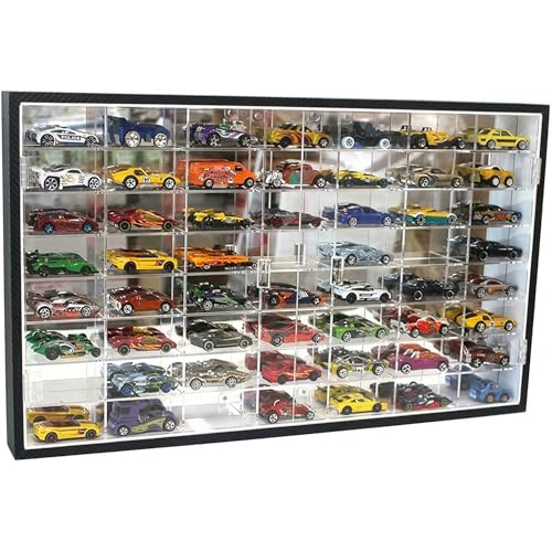 DisplayGifts 56-slot 1/64 wall cabinet, a black-framed acrylic case with 56 clear compartments holding Hot Wheels castings behind two hinged doors