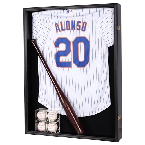 DisplayGifts Deep Shadow Box JC08, a 3.9-inch-deep wood cabinet with a hinged acrylic door, holding a pinstriped baseball jersey with a wooden bat and four baseballs beside it