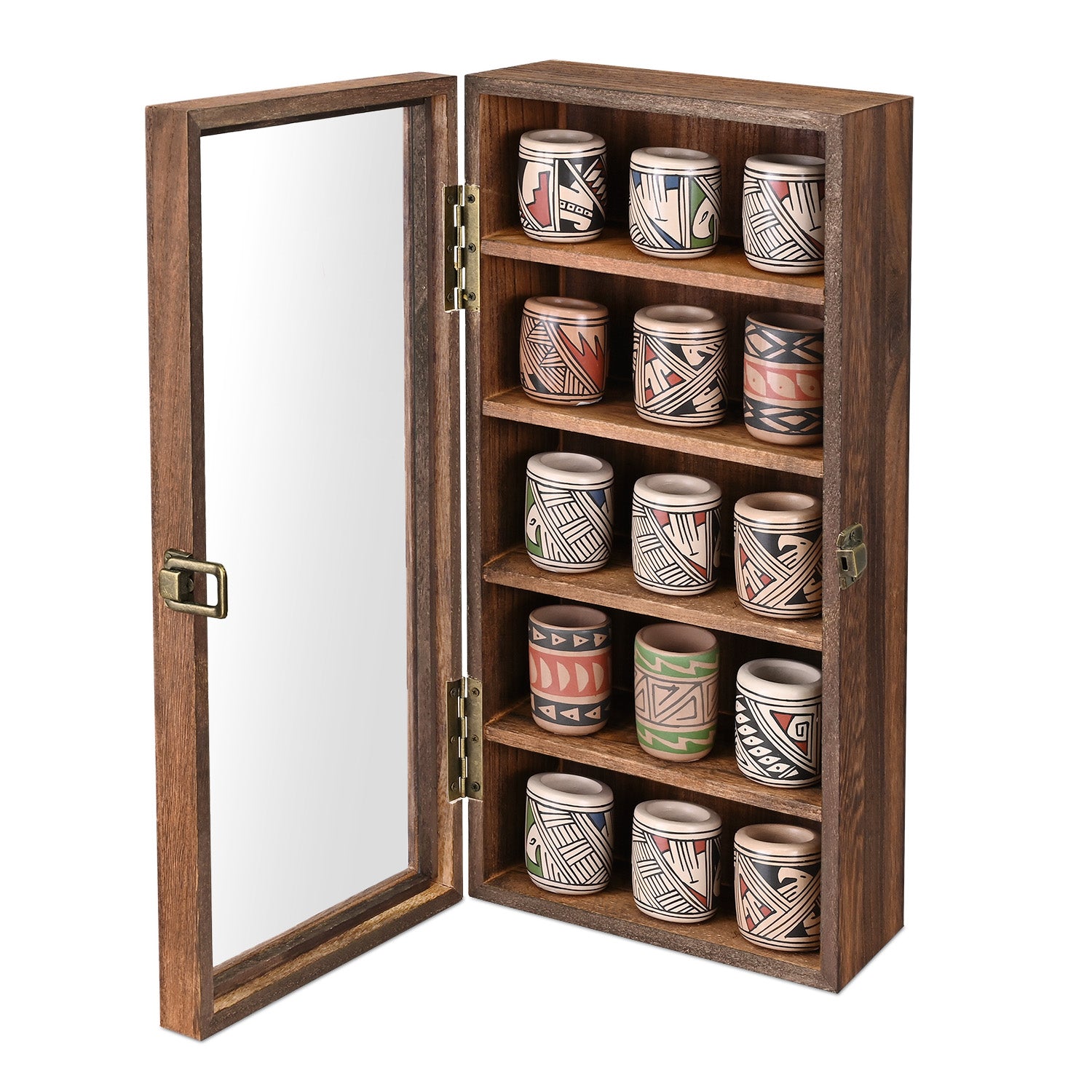 Ikee Design wood 5-shelf wall-mounted display case with a tempered glass door, open to show five rows of small shot glasses