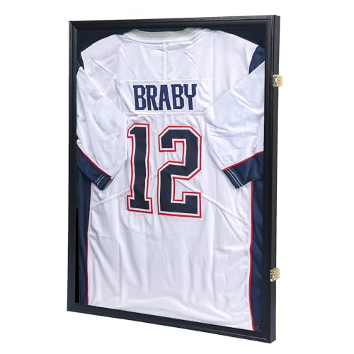 KCRasan Jersey Display Frame Case, a budget wood and acrylic jersey shadow box holding a white football jersey, shown at an angle with its gold hinges and side lock