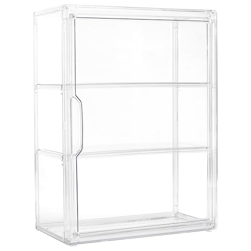 LXLXXL 3 Tier wall-mounted acrylic display case, an empty clear cabinet with two internal shelves and a handle on the front door