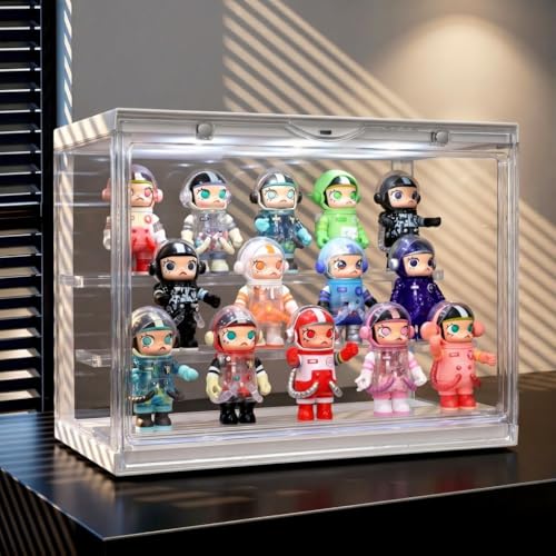 Naconmlet LED acrylic display case lit from the top plate, holding fifteen small Pop Mart figures on three stepped levels