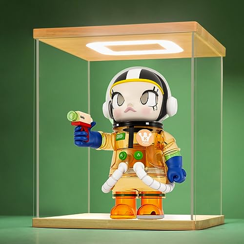 NONEMEY acrylic display case with a wood base and lit wood top plate, holding one large Pop Mart figure behind clear sliding panels