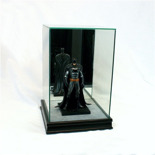 Perfect Cases 1/10th Scale Figurine Display Case, a real-glass lift-off case on a wood moulding base with a mirrored back, holding a 6-inch action figure