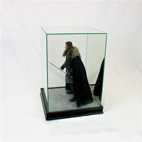 Perfect Cases 1/6th Scale Figurine Display Case, a real-glass box on a black wood moulding base with a mirrored back, holding a cloaked 1/6 scale figure