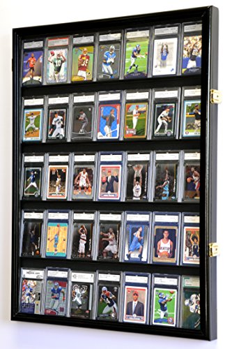 sfDisplay 35-card wall cabinet in black, five shelves of graded trading card slabs behind a hinged acrylic door with brass latches