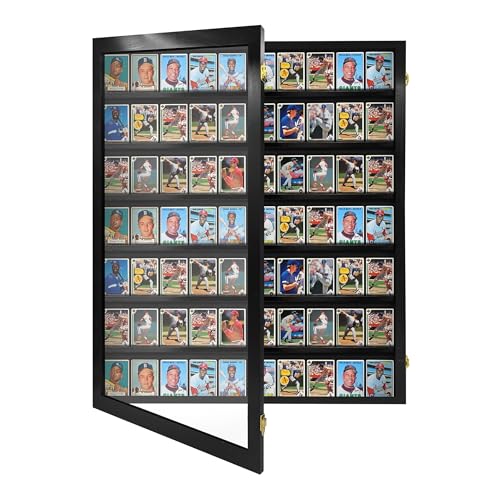 PENNZONI 70-card ungraded display case in black, its hinged hardwood door open to rows of raw cards standing in individual slots