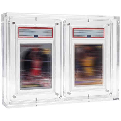 JoUGivx rotating 2-slab protector, a clear acrylic block holding two PSA graded card slabs side by side on a desk