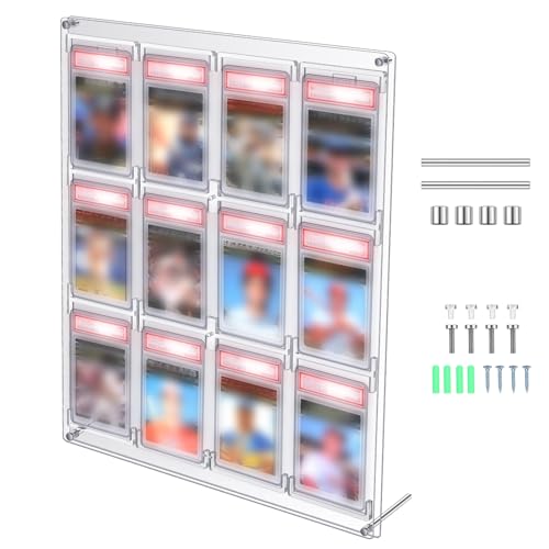 Wonderjune 12-card acrylic frame holding twelve graded slabs in four columns of open compartments, shown with its wall-mounting hardware