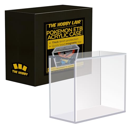 The Hobby Lair Deluxe ETB case, a clear 6 mm acrylic box sized for one sealed Pokemon Elite Trainer Box, shown beside its retail carton