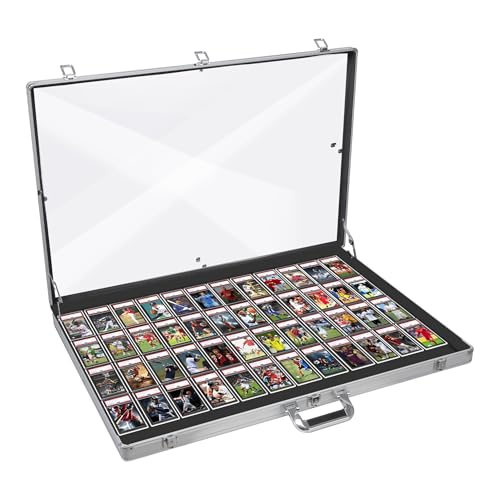 QTYORD 34-inch aluminum table-top display case with the lid open over a black felt tray of graded card slabs