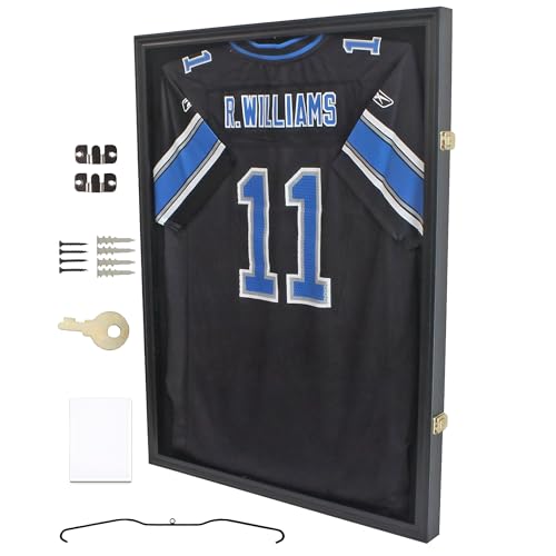 Pro Collector's Jersey Display Case, a black wood shadow box holding a blue and black football jersey behind a clear panel, shown with its wall brackets, screws, lock key, pin board and jersey hanger