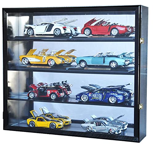sfDisplay 1/18 scale diecast display cabinet in black, a beech hardwood case with four mirrored-back shelves holding eight 1/18 model cars behind a clear acrylic door
