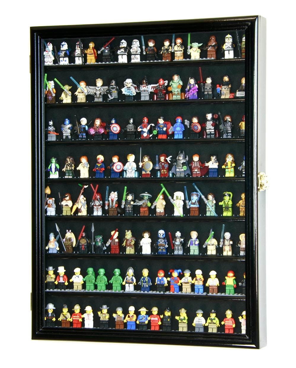 sfDisplay Large 110+ Minifigures Display Case Cabinet in black beech hardwood, a wall cabinet with eight shelves of LEGO minifigures behind a hinged acrylic door with a brass latch