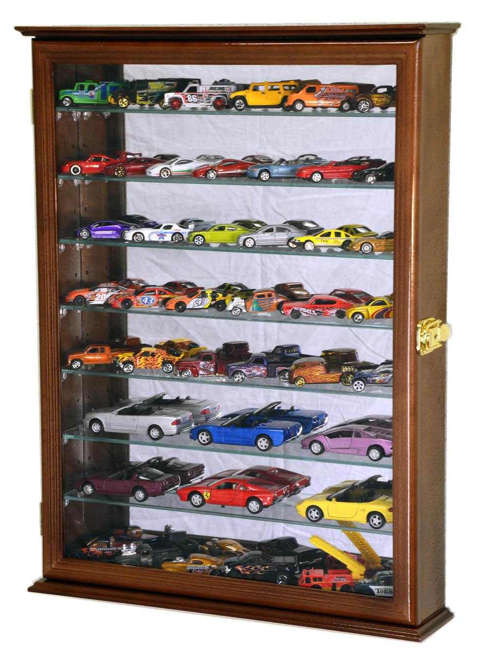 sfDisplay Large Mirrored Back Diecast Display Case, wall-mounted hardwood cabinet with seven glass shelves holding 1/64 Hot Wheels and Matchbox cars