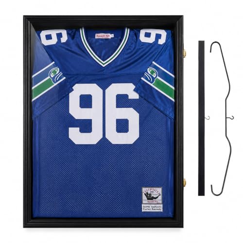 Snail Jersey Frame Display Case, a black wood jersey display case holding a blue football jersey behind an acrylic panel, shown beside the two hangers that ship with it