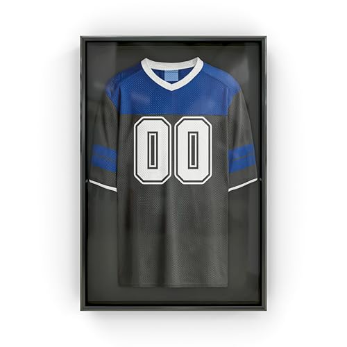 Snap Sports Jersey Display Case, a slim black acrylic jersey frame 2.8 inches deep, holding a blue and gray football jersey against a black backing board