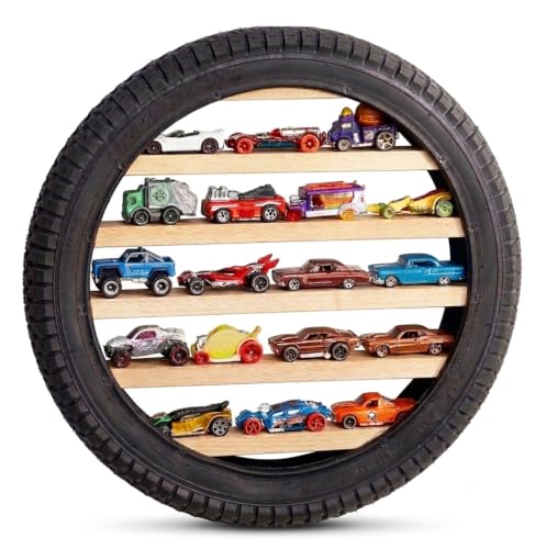 Tapeera tire-shaped wall shelf, a 16-inch rubber tire fitted with five beech wood slabs holding eighteen loose 1/64 cars