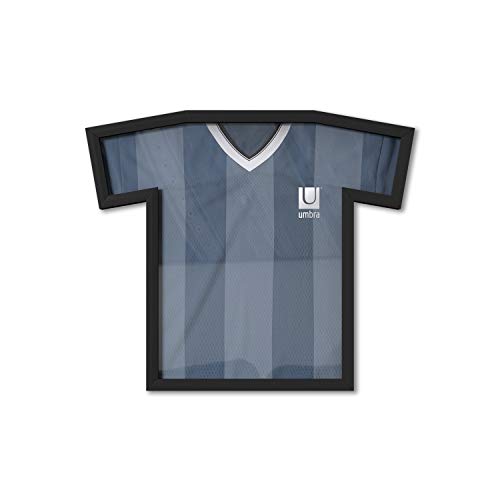 Umbra T-Frame Medium, a flat T-shaped acrylic jersey frame in black, holding a gray jersey