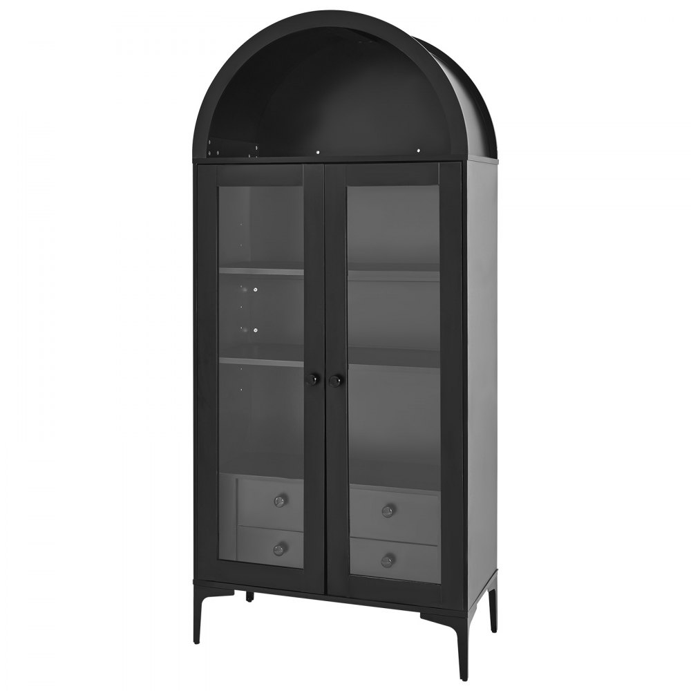 VEVOR Arched Display Cabinet with glass doors, 70 in tall black four-tier curio cabinet on tapered legs with two lower drawers