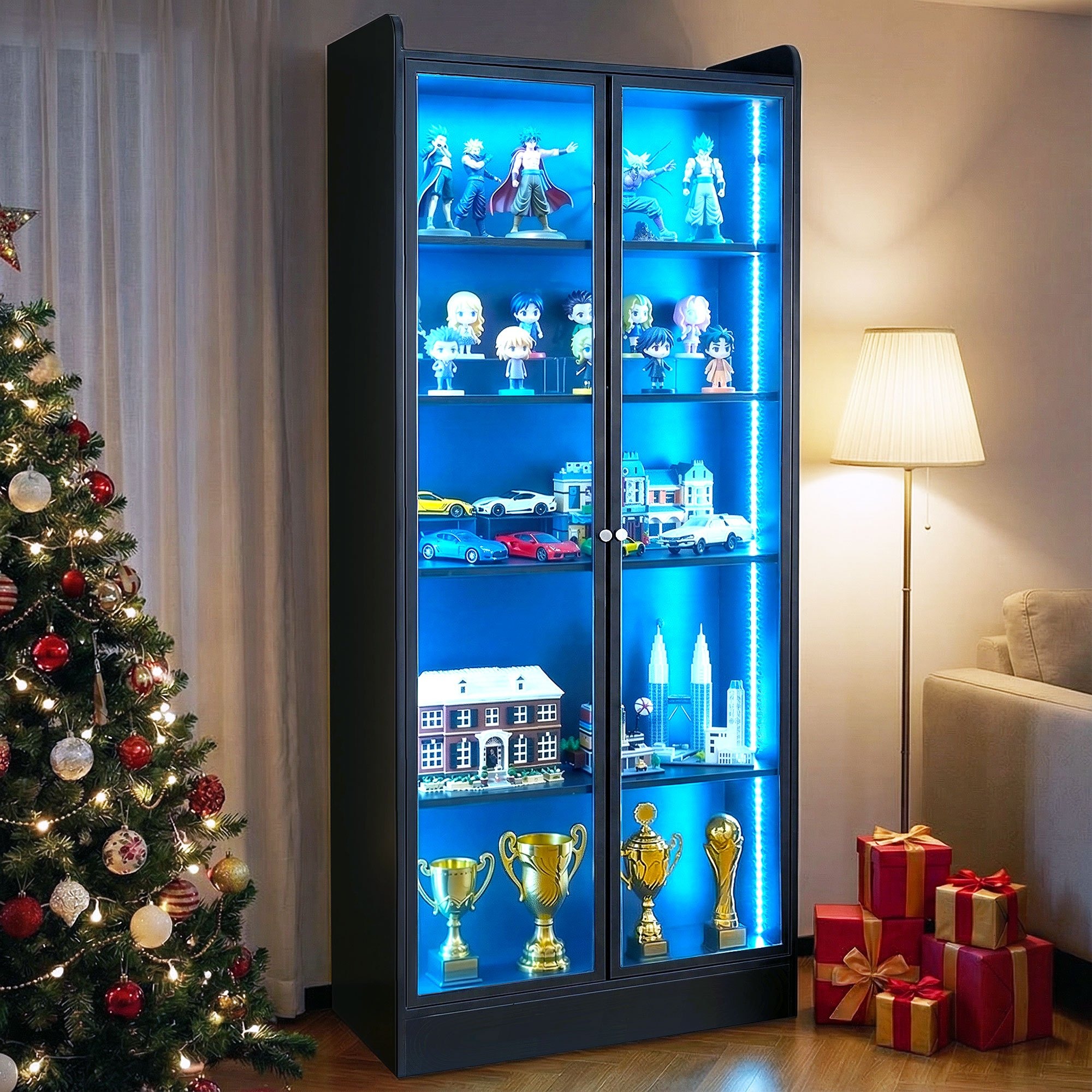 VEVOR 67-inch 5-tier display cabinet in black, floor-standing with transparent doors and blue LED strip lighting, filled with anime figures, diecast cars, LEGO sets, and trophies