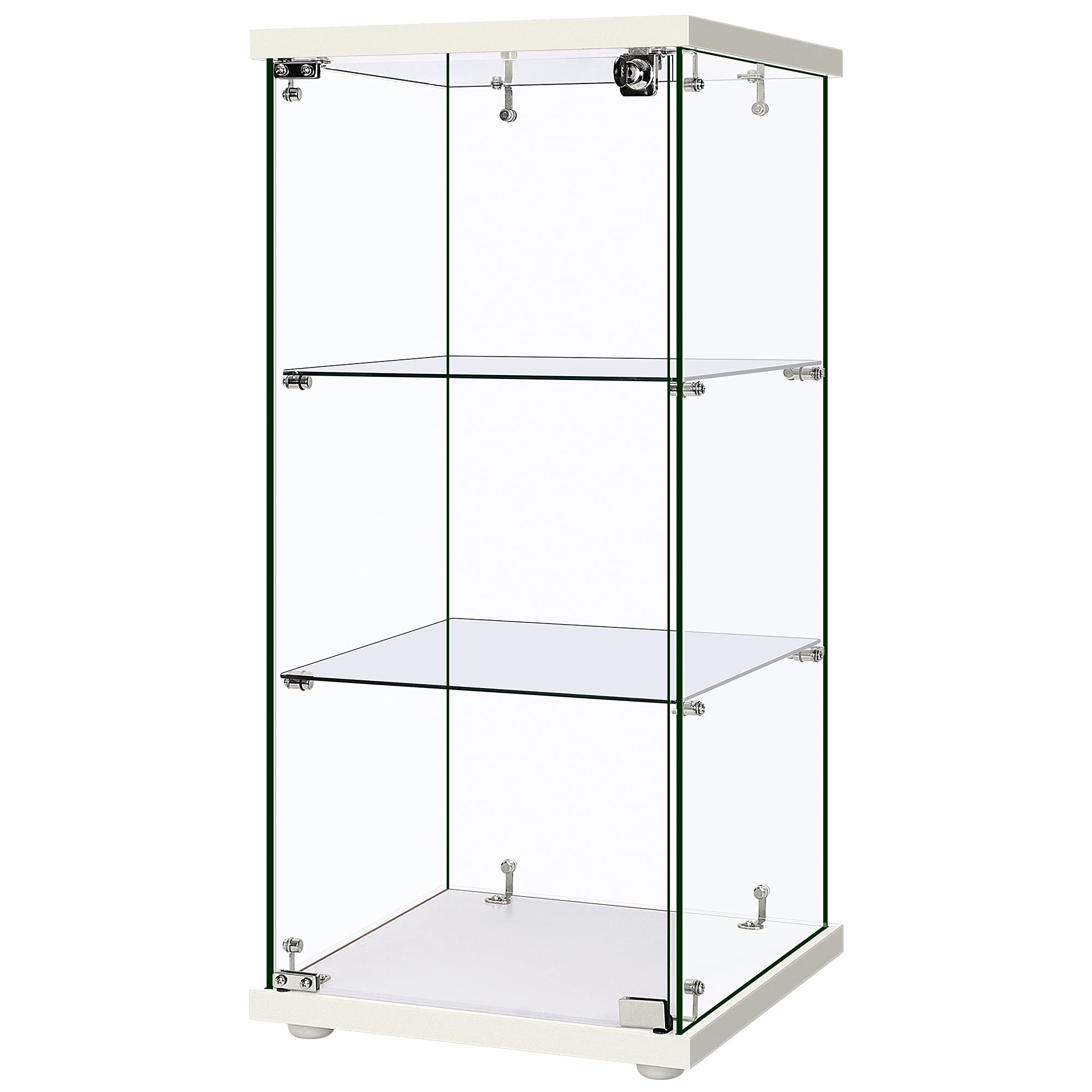 VIVOHOME 3-Layer Glass Display Cabinet Showcase, frameless four-sided countertop tower with tempered glass shelves and a keyed lock