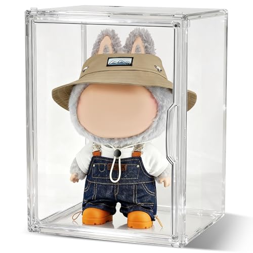 Wollibao 16-inch display case holding a large Labubu plush doll in a bucket hat and denim overalls, with clearance above the ears