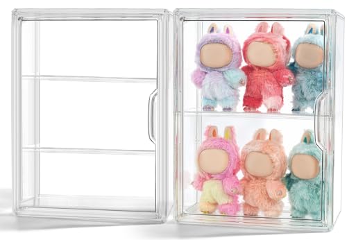 Wollibao 3 Tiers clear acrylic display case shown open and empty beside an identical case holding six small Labubu plush figures across two tiers
